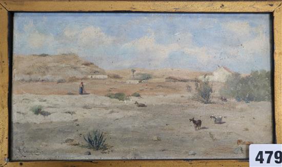 Alfred Conquest (19th century), Grand Canary [sic], landscape with figure and goats, signed, 12 x 21cm